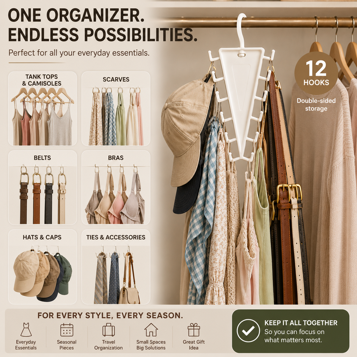 ๐ 12-Hook Rotating Closet Organizer โ Save Space & Keep Accessories Organized