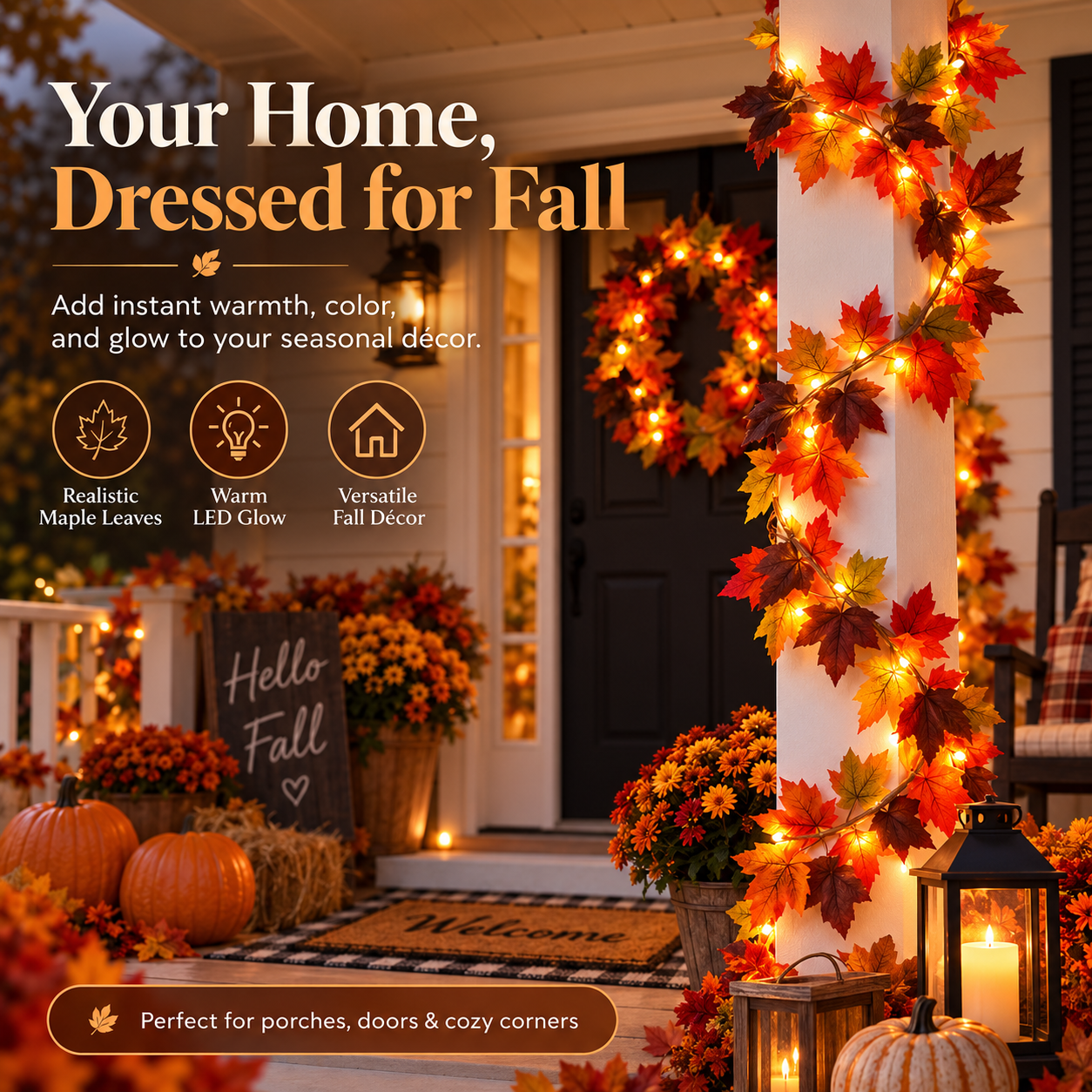 Lighted Maple Leaf Garland – Warm LED Fall Decor for Porch, Door & Mantel