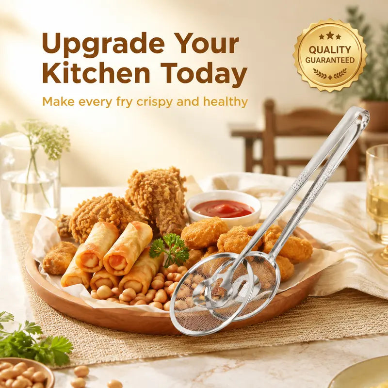 2-in-1 Oil-Frying Filter Clip, Kitchen Food Strainer Tongs for Fried Food, Stainless Steel Stainless Steel Drain Oil Fried Food Strainer with Clip Fry Tool Oil Skimmer Food Clip Tong Filter Strainer Mesh