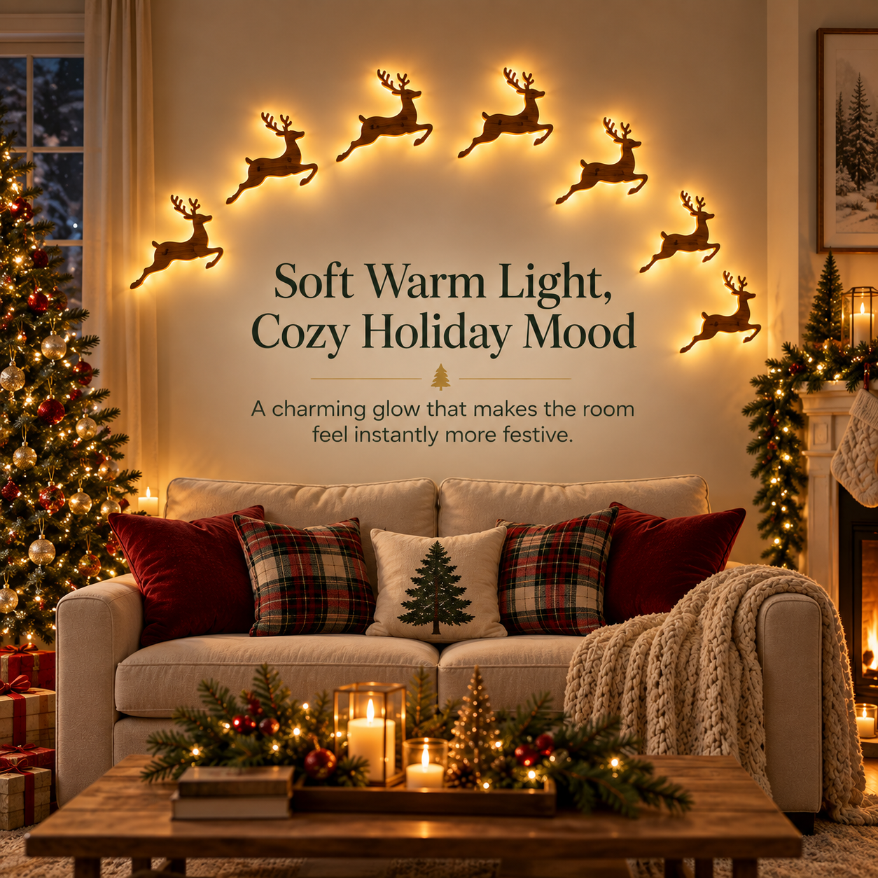 π¦ 7-Piece Glowing Reindeer Wall Decor β Warm Christmas Flying Reindeer Light Set