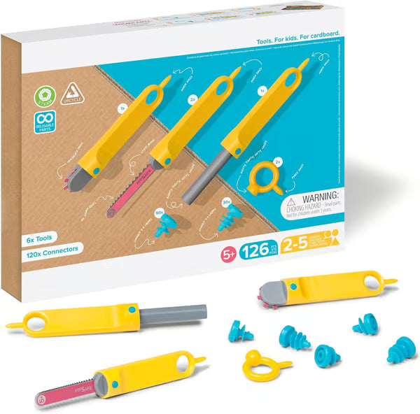126 Piece Cardboard Construction Toolbox for 1-5 Makers | STEM and STEAM Educational Toys for Kids | at Home Play + Classroom Learning | Reusable Tools for Boys and Girls Age 5+