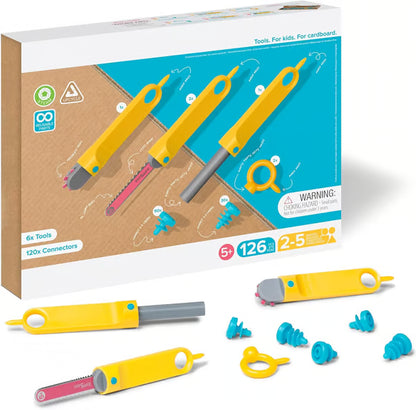 126 Piece Cardboard Construction Toolbox for 1-5 Makers | STEM and STEAM Educational Toys for Kids | at Home Play + Classroom Learning | Reusable Tools for Boys and Girls Age 5+