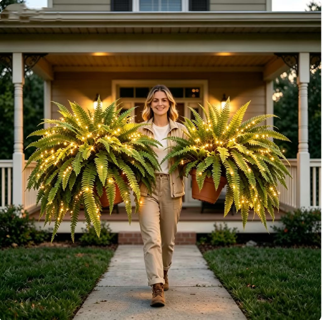 Woman carrying two large illuminated decorative Boston ferns