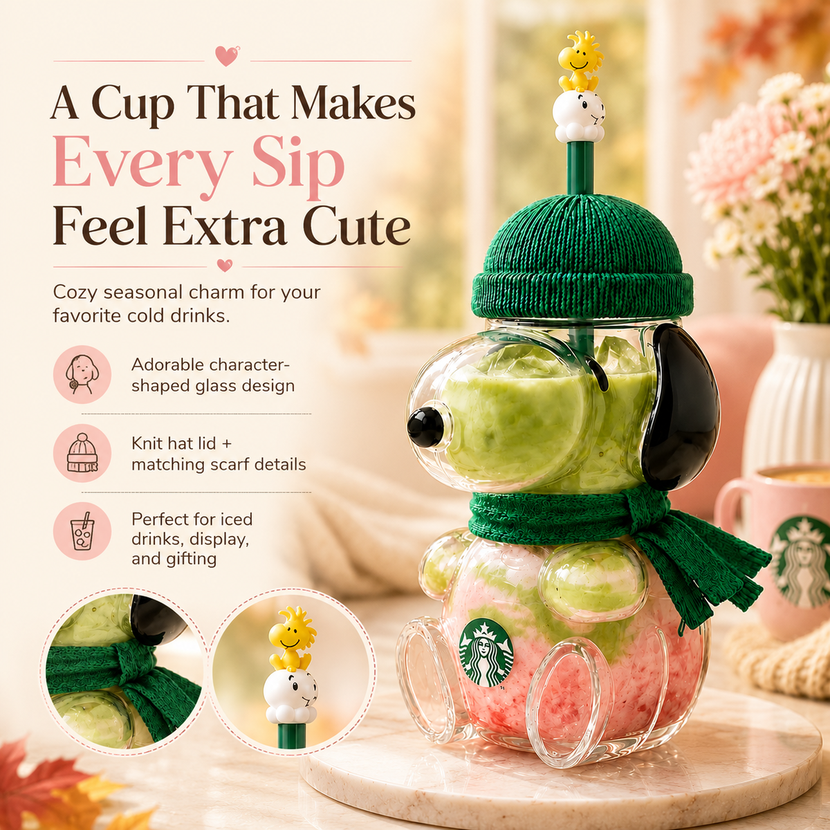Sip Cute, Stay Cozy 🍂 | 3D Character Glass Tumbler for Iced Coffee, Matcha & More