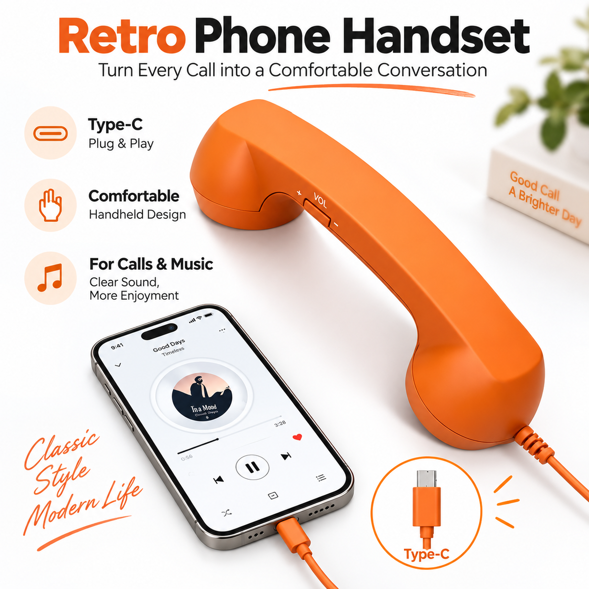 RetroVibe orange retro Type-C phone handset connected to smartphone
