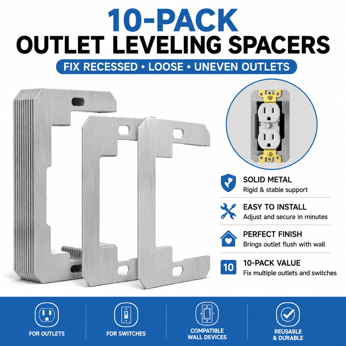 Metal outlet leveling spacers for recessed loose and uneven outlets