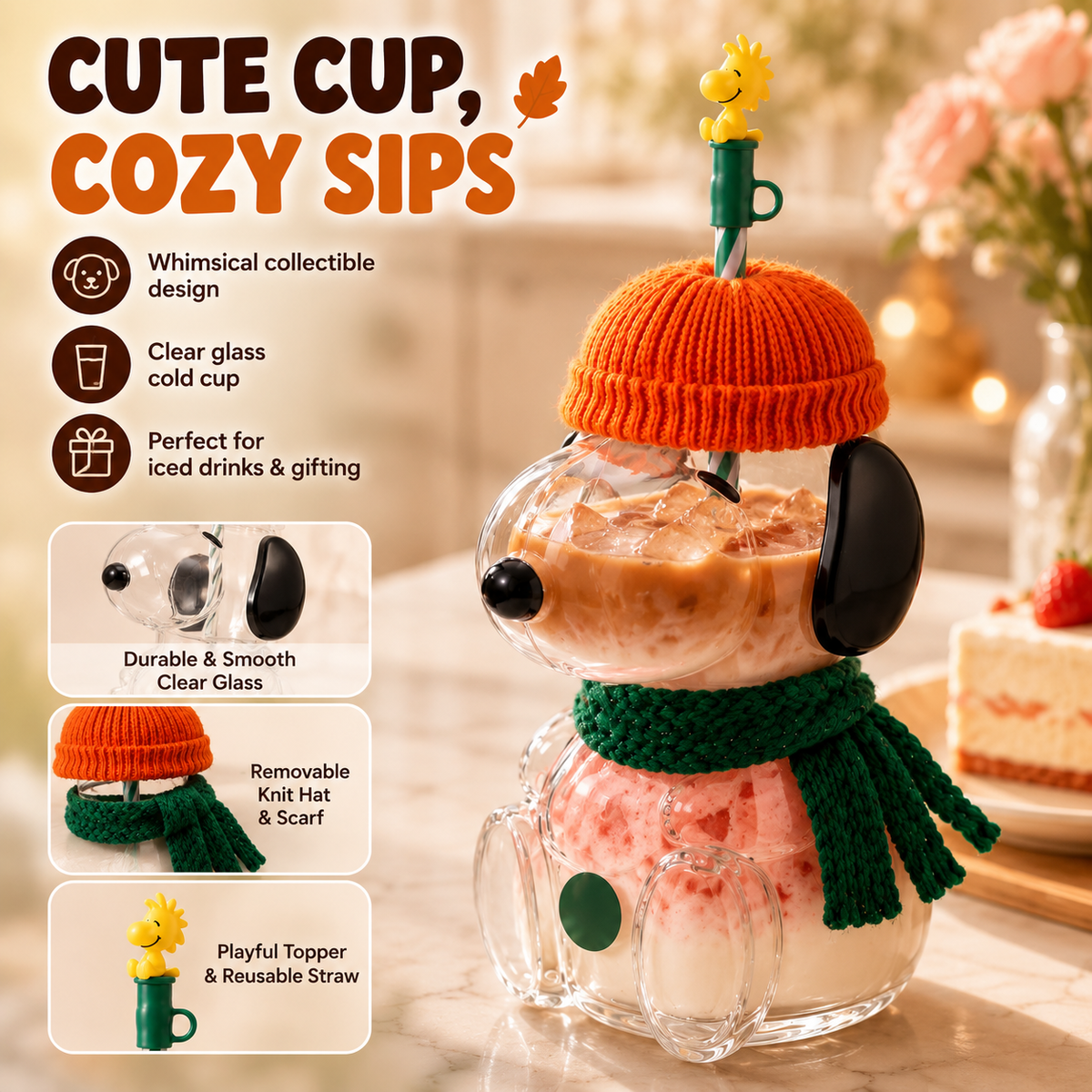 Sip Cute, Stay Cozy 🍂 | 3D Character Glass Tumbler for Iced Coffee, Matcha & More