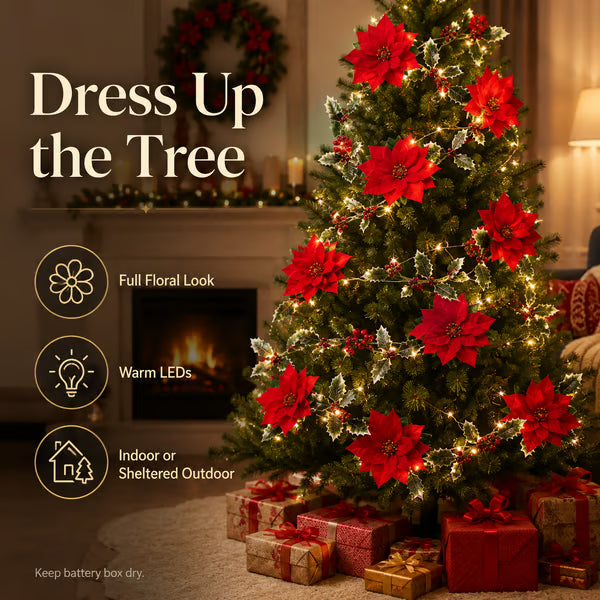 32.8 FT Lighted Christmas Poinsettia Garland with Red Flowers & Berries, Battery-Operated Holiday String Lights for Xmas & New Year Home Decor