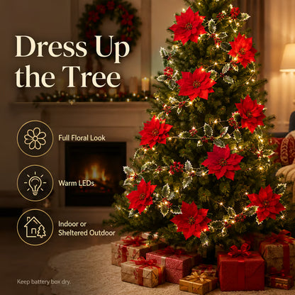 32.8 FT Lighted Christmas Poinsettia Garland with Red Flowers & Berries, Battery-Operated Holiday String Lights for Xmas & New Year Home Decor
