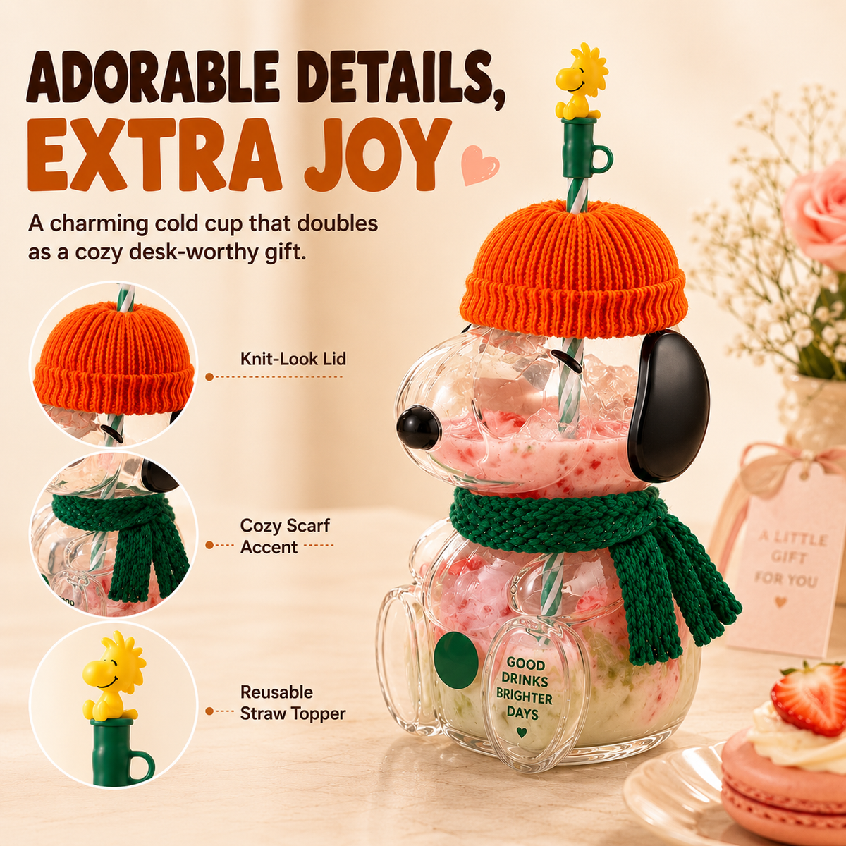 Orange knit hat character glass cold cup showing decorative details