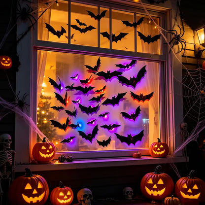 72 Pack Remote Control Light-Up 3D Halloween Bat Wall Decor – Flashing Bat Stickers for Indoor Party, Bedroom, Bathroom Mirror, Garage & Door Decorations