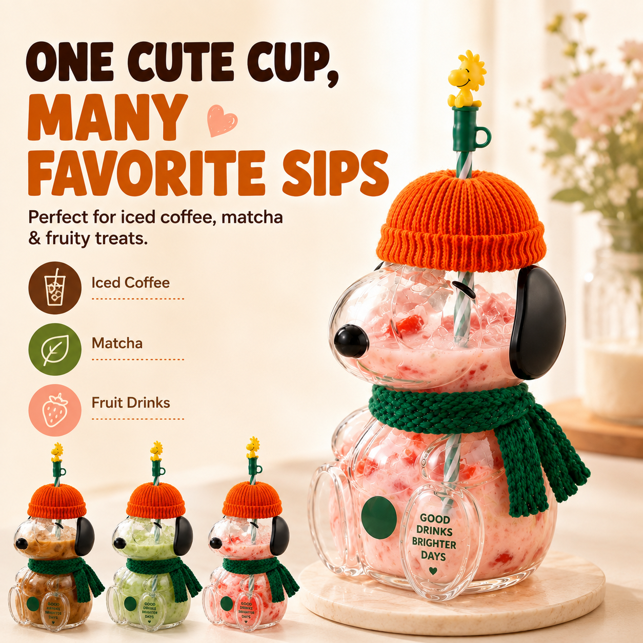 Orange hat character cold cup with iced coffee matcha and fruit drink variations