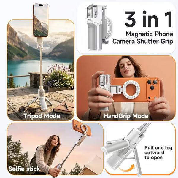3-in-1 Compact Metal Selfie Stick-Tripod for Cellphone- Black Selfie Stick Kit + Light with Quick Magnetic Setup, Adjustable Holder, Rotatable Stabilizer, Extendable Remote, 3 Rings, Fill Light Ready Mobile Accessory, Selfie Sti