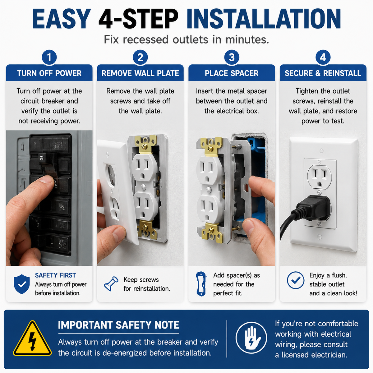 Four step outlet leveling spacer installation instructions