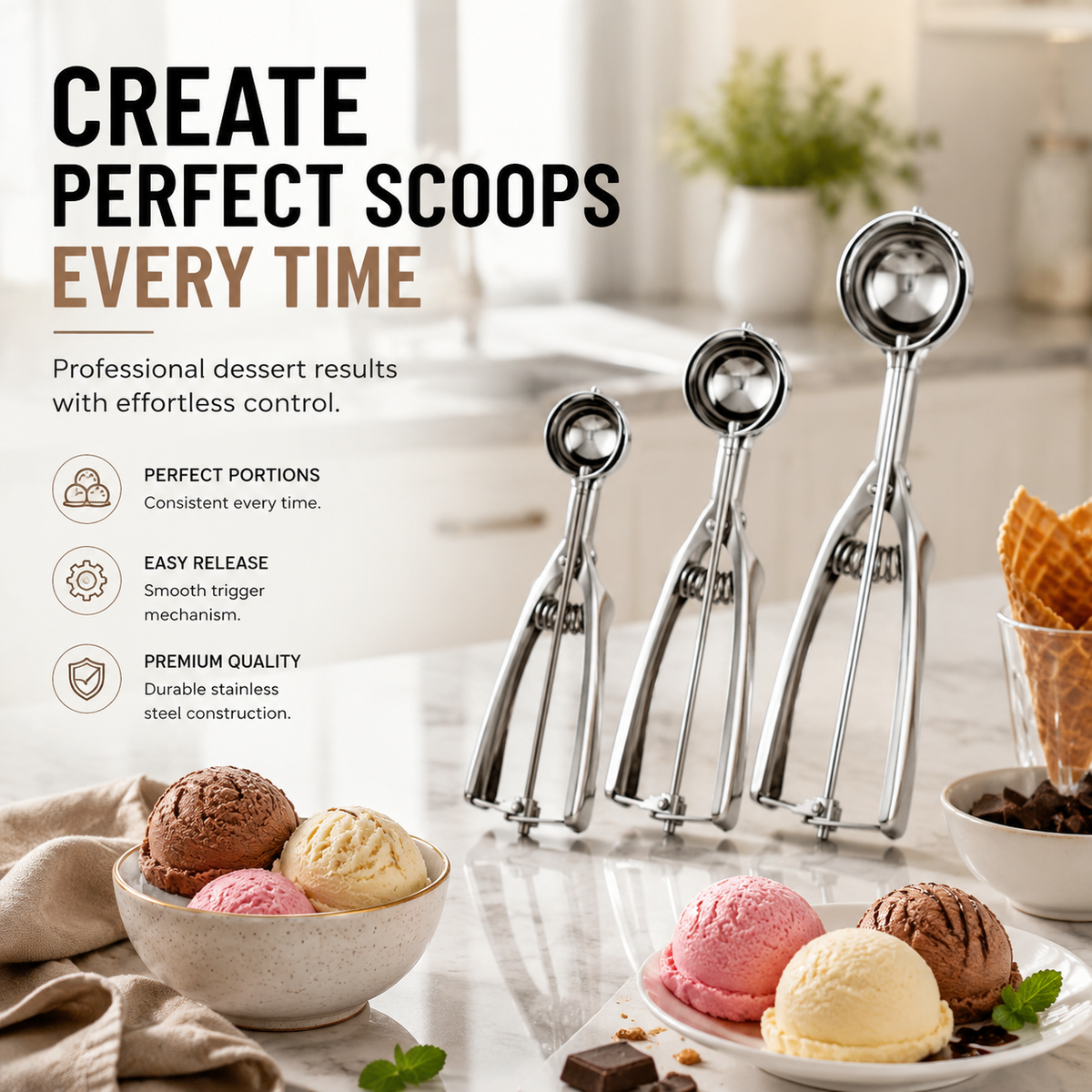 Stainless Steel Ice Cream Scoop Set of 3 - 3 Sizes Cookie Scoop with Trigger Release System for Baking & Desserts - Versatile Kitchen Tools
