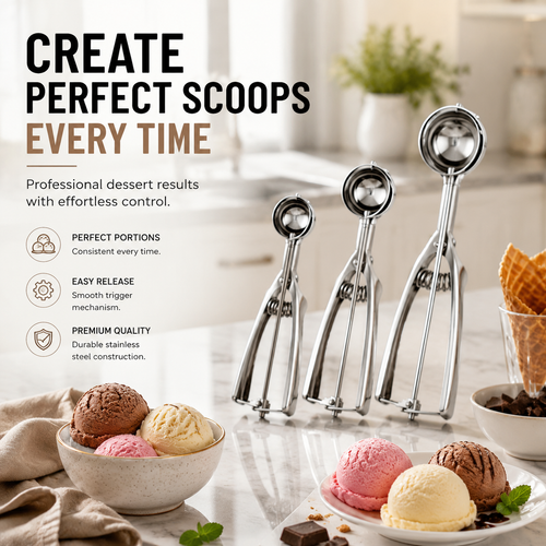 Stainless Steel Ice Cream Scoop Set of 3 - 3 Sizes Cookie Scoop with Trigger Release System for Baking & Desserts - Versatile Kitchen Tools