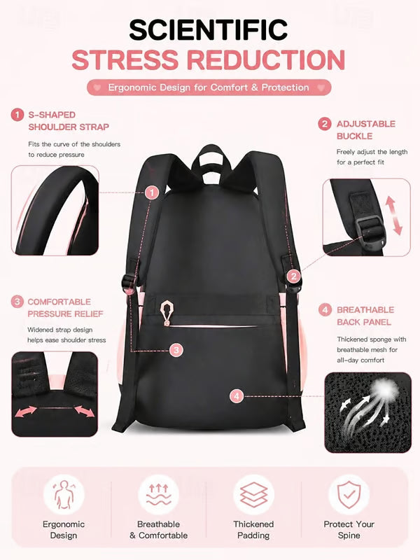 Girls Backpack Set 3PCS School Backpack with Lunch Bag & Pencil Case, Large Capacity Multi-Pocket Water Resistant Polyester Bookbag, Travel Friendly Luggage Strap, Anti-Theft Pocket, Pink Purple Blue