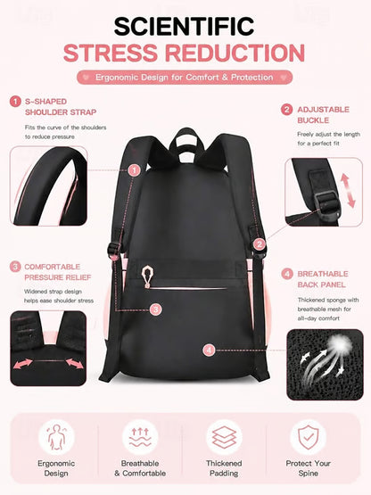 Girls Backpack Set 3PCS School Backpack with Lunch Bag & Pencil Case, Large Capacity Multi-Pocket Water Resistant Polyester Bookbag, Travel Friendly Luggage Strap, Anti-Theft Pocket, Pink Purple Blue