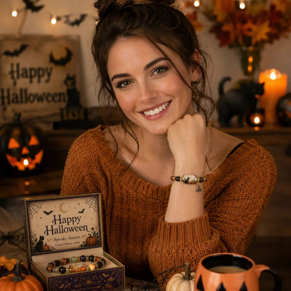 2026 Limited Edition Halloween Black Cat & Pumpkin Beaded Bracelet for Women - Natural Stone Crystal Charm Bracelet with Gift Box & Spooky Card, Cute Witchy Halloween Jewelry Gift