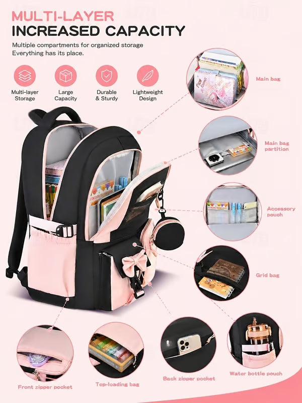 Girls Backpack Set 3PCS School Backpack with Lunch Bag & Pencil Case, Large Capacity Multi-Pocket Water Resistant Polyester Bookbag, Travel Friendly Luggage Strap, Anti-Theft Pocket, Pink Purple Blue