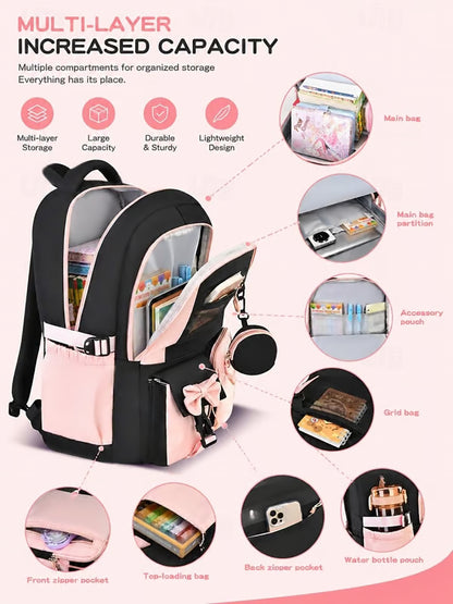 Girls Backpack Set 3PCS School Backpack with Lunch Bag & Pencil Case, Large Capacity Multi-Pocket Water Resistant Polyester Bookbag, Travel Friendly Luggage Strap, Anti-Theft Pocket, Pink Purple Blue