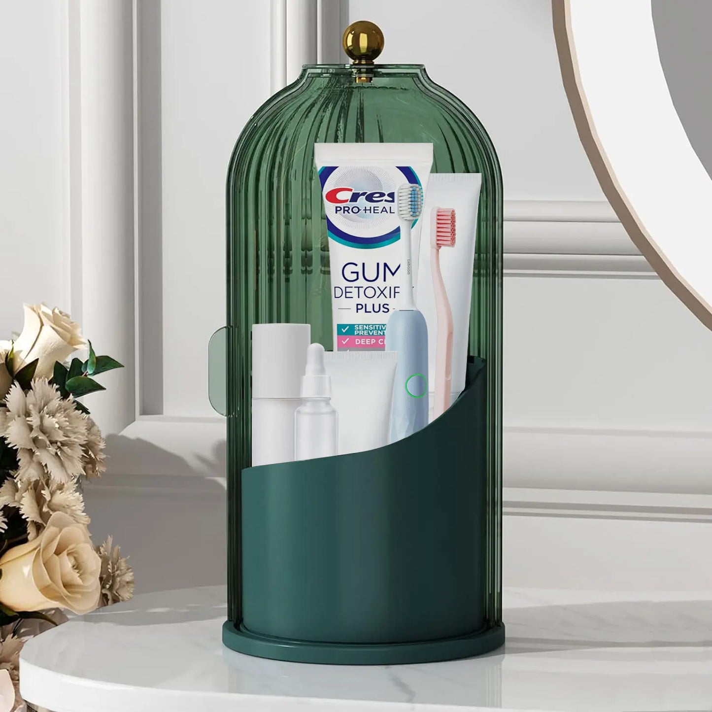Modern Durable Toothbrush Holder with Cover - 360-Rotating Compact Transparent Door Lid Organizer for Vanity Bathroom Countertop Storage, 1 Count Rotating Box