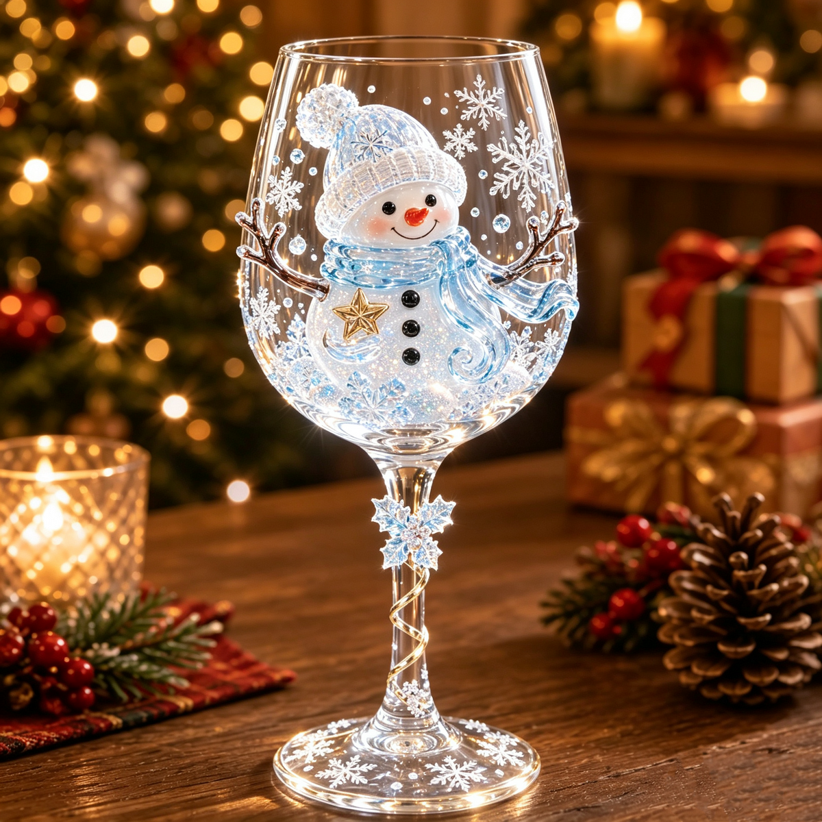Snowman 3D Christmas stemmed glass with blue winter details and snowflakes