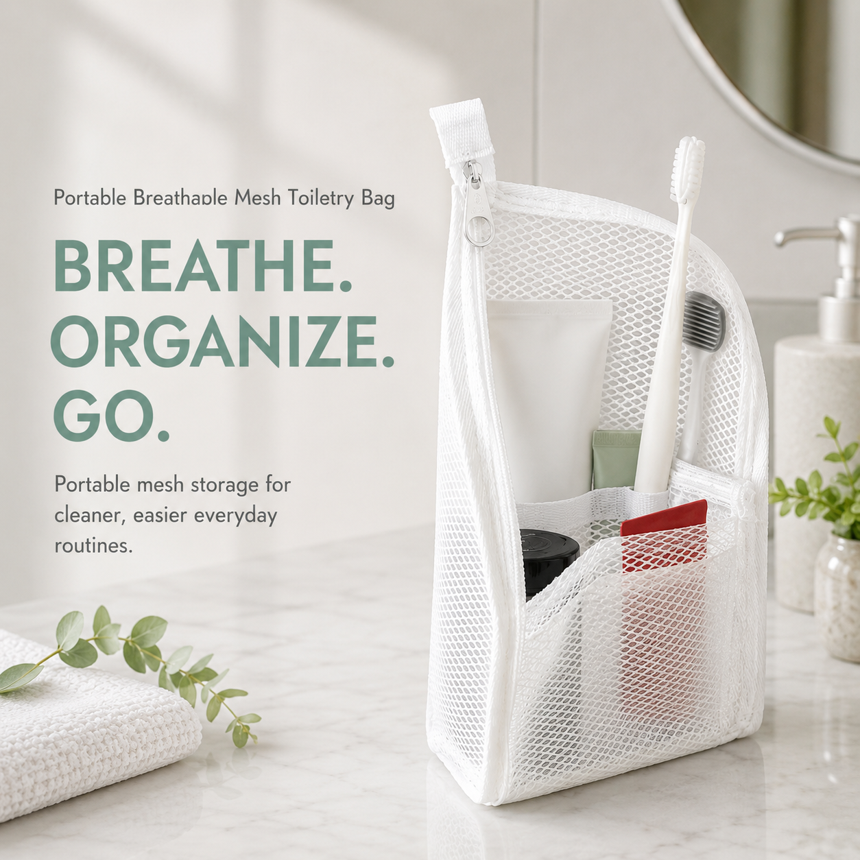 Portable breathable mesh toiletry organizer bag