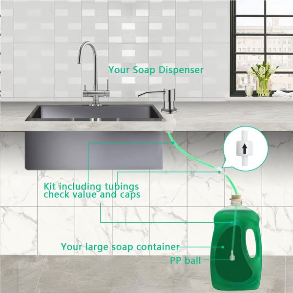 Dish Soap Dispenser for Kitchen Sink (Brushed Nickel), Countertop Sink Soap Dispenser Water Pump with 47” No-Spill Extension Tube Kit Design for Kitchen Bathroom, No More Refills