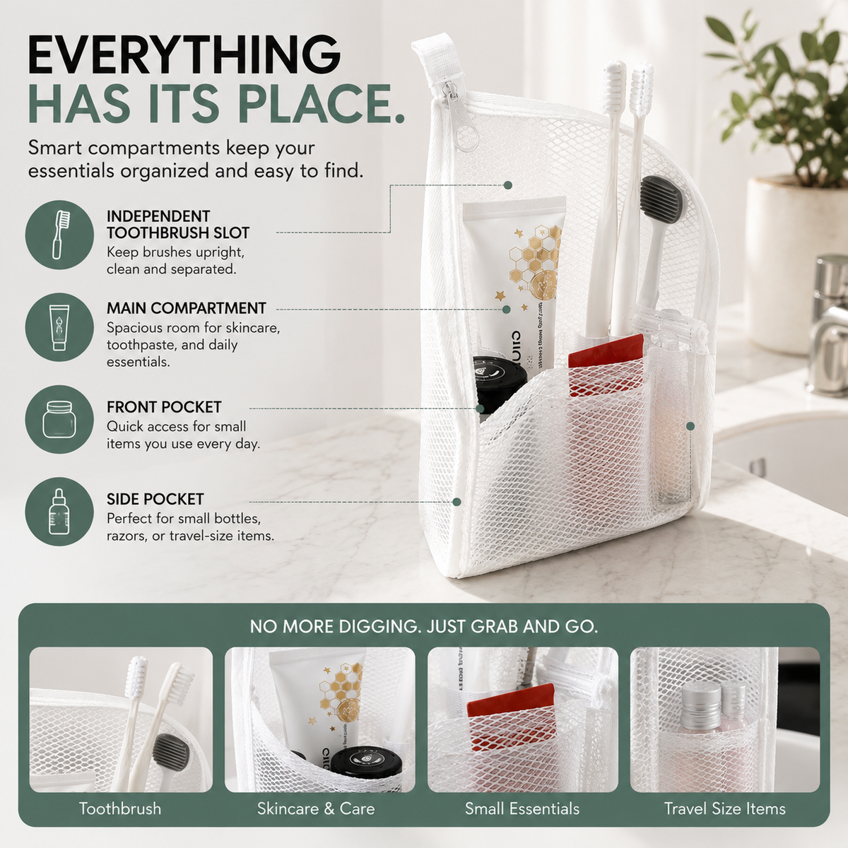 Mesh toiletry organizer showing toothbrush slot front pocket side pocket and main compartment