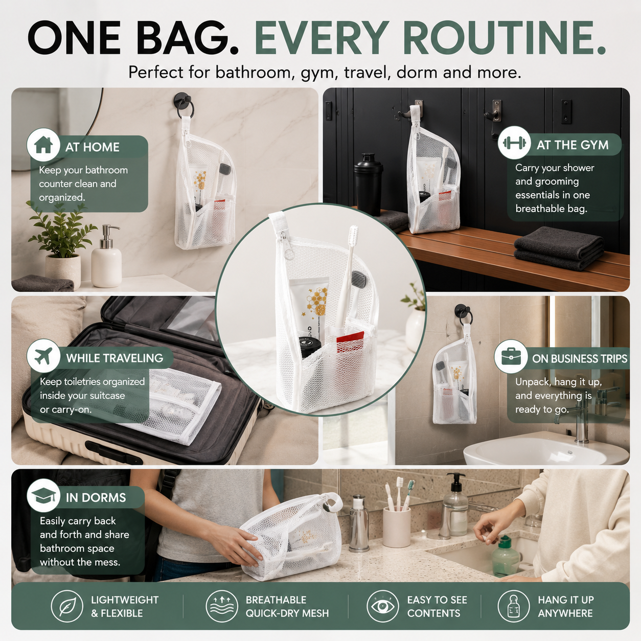 Portable mesh toiletry bag used at home gym travel dorm and business trip