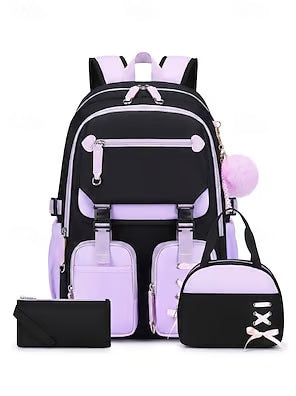 Girls Backpack Set 3PCS School Backpack with Lunch Bag & Pencil Case, Large Capacity Multi-Pocket Water Resistant Polyester Bookbag, Travel Friendly Luggage Strap, Anti-Theft Pocket, Pink Purple Blue