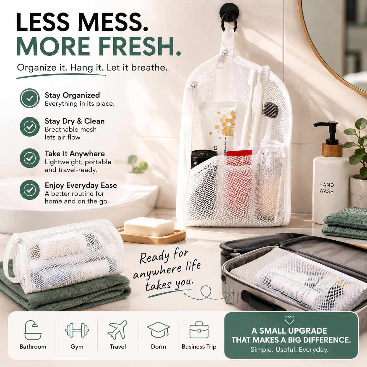 Hanging breathable mesh toiletry bag in bathroom and packed suitcase