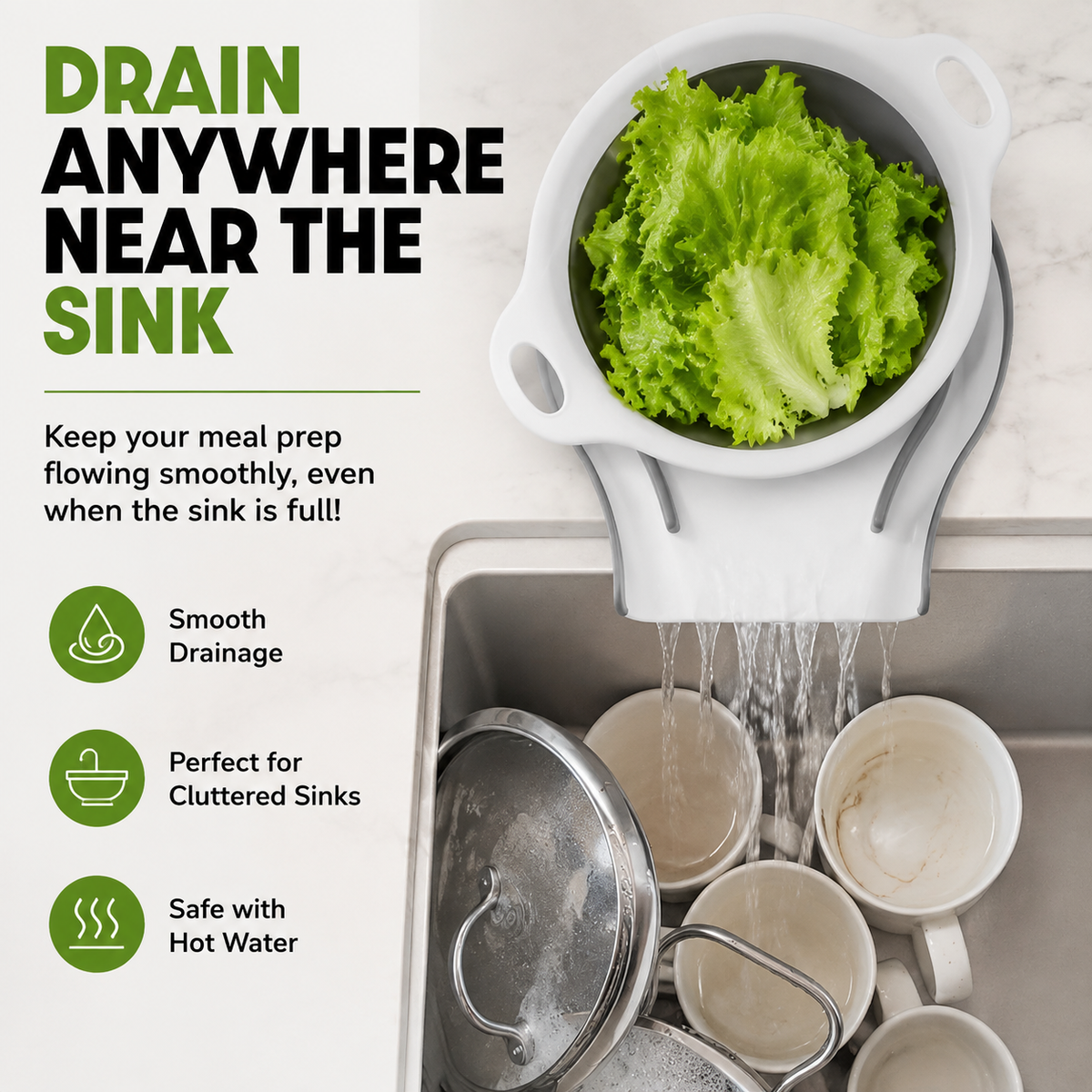 Colander draining lettuce into a kitchen sink