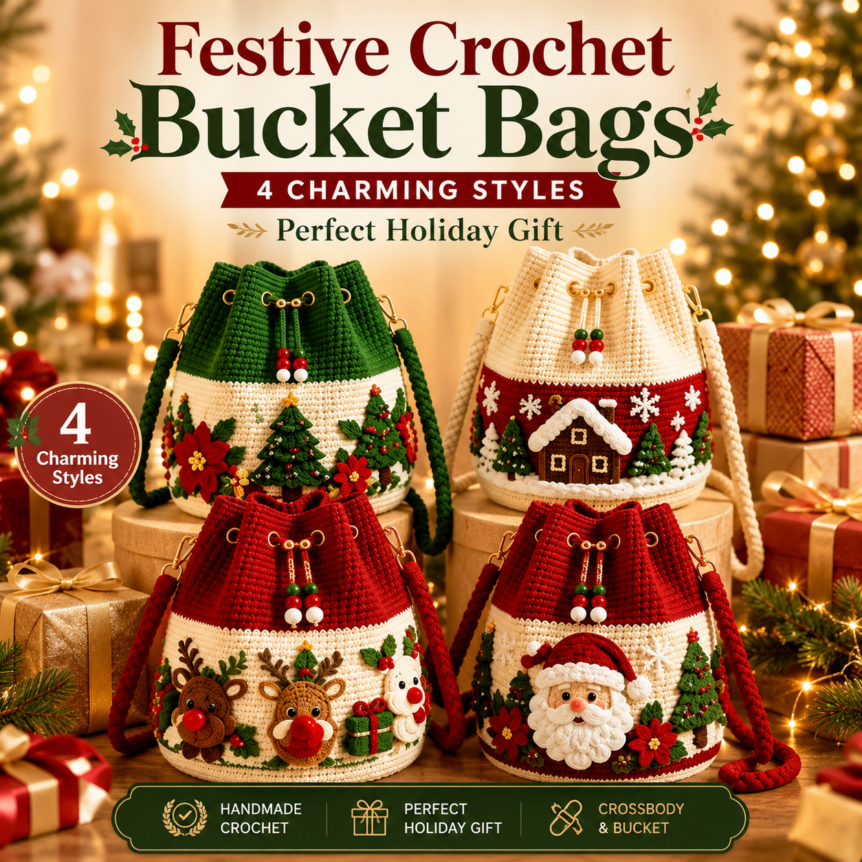 Christmas crochet bucket crossbody bag styles