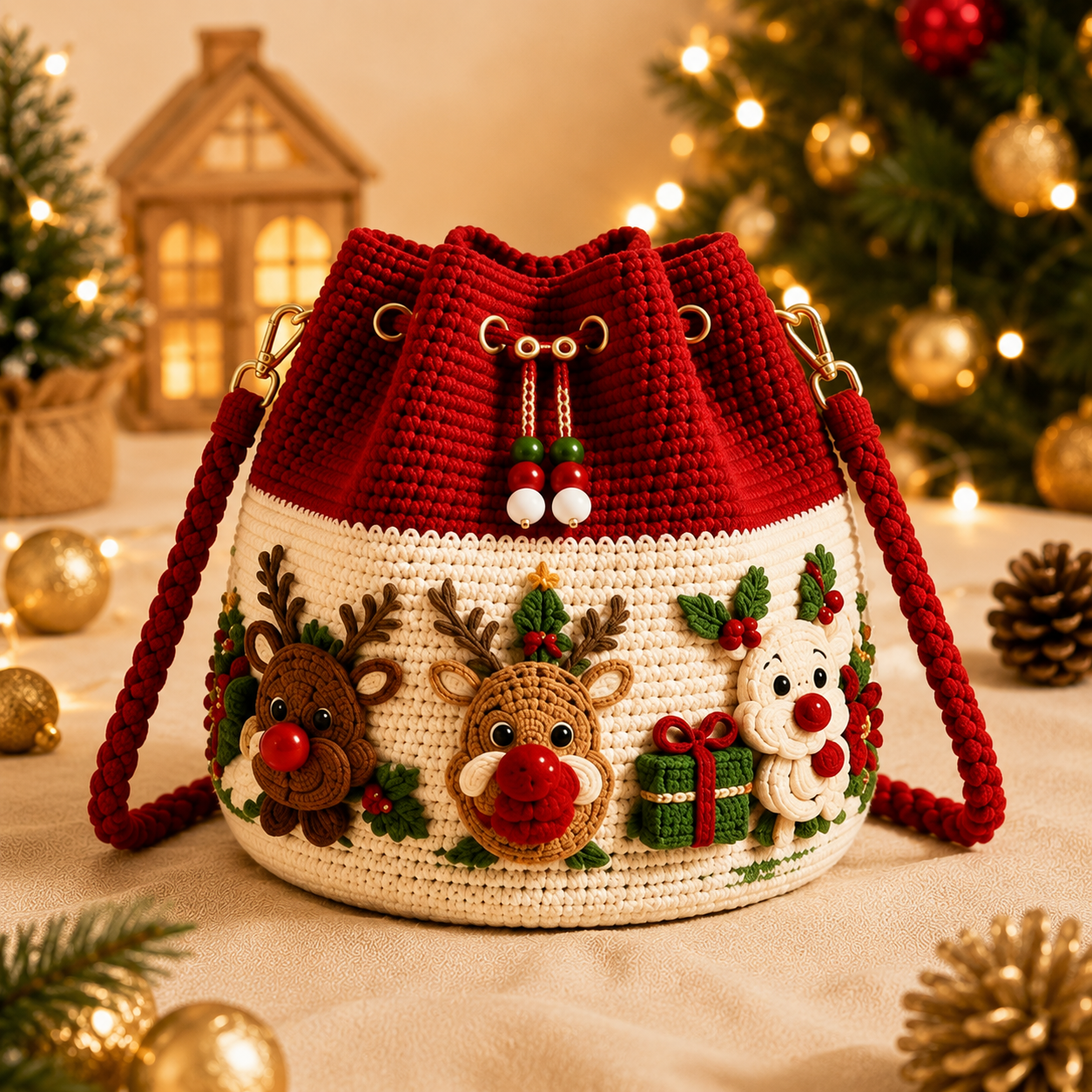 Reindeer Christmas crochet bucket crossbody bag