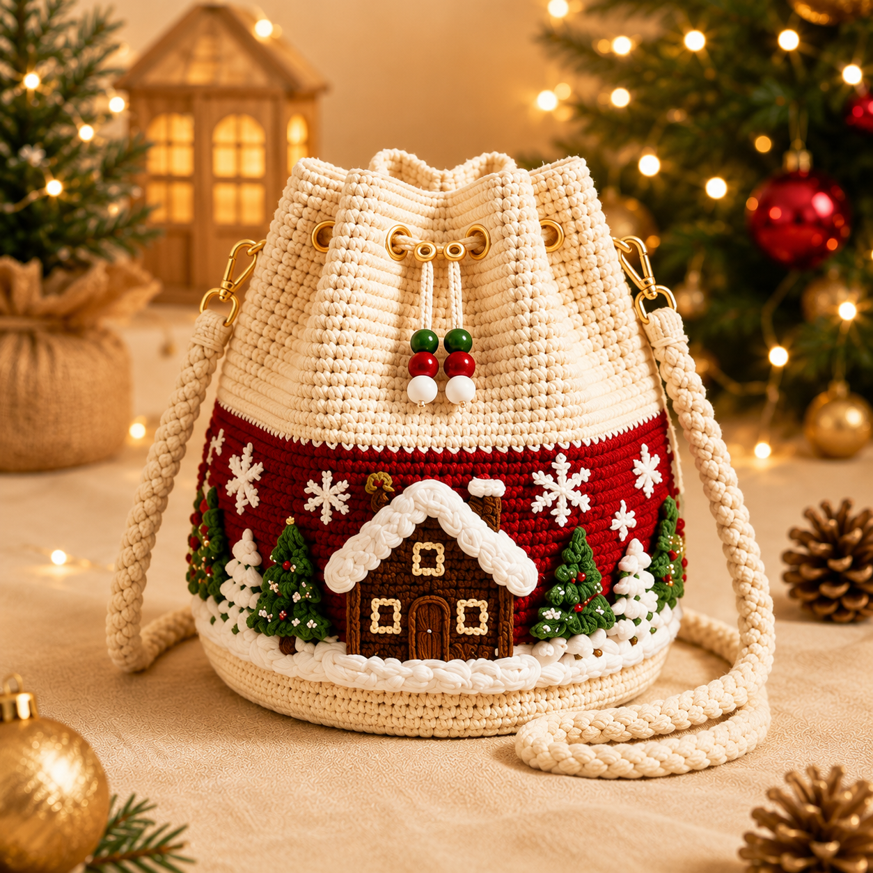 Winter cottage Christmas crochet bucket crossbody bag