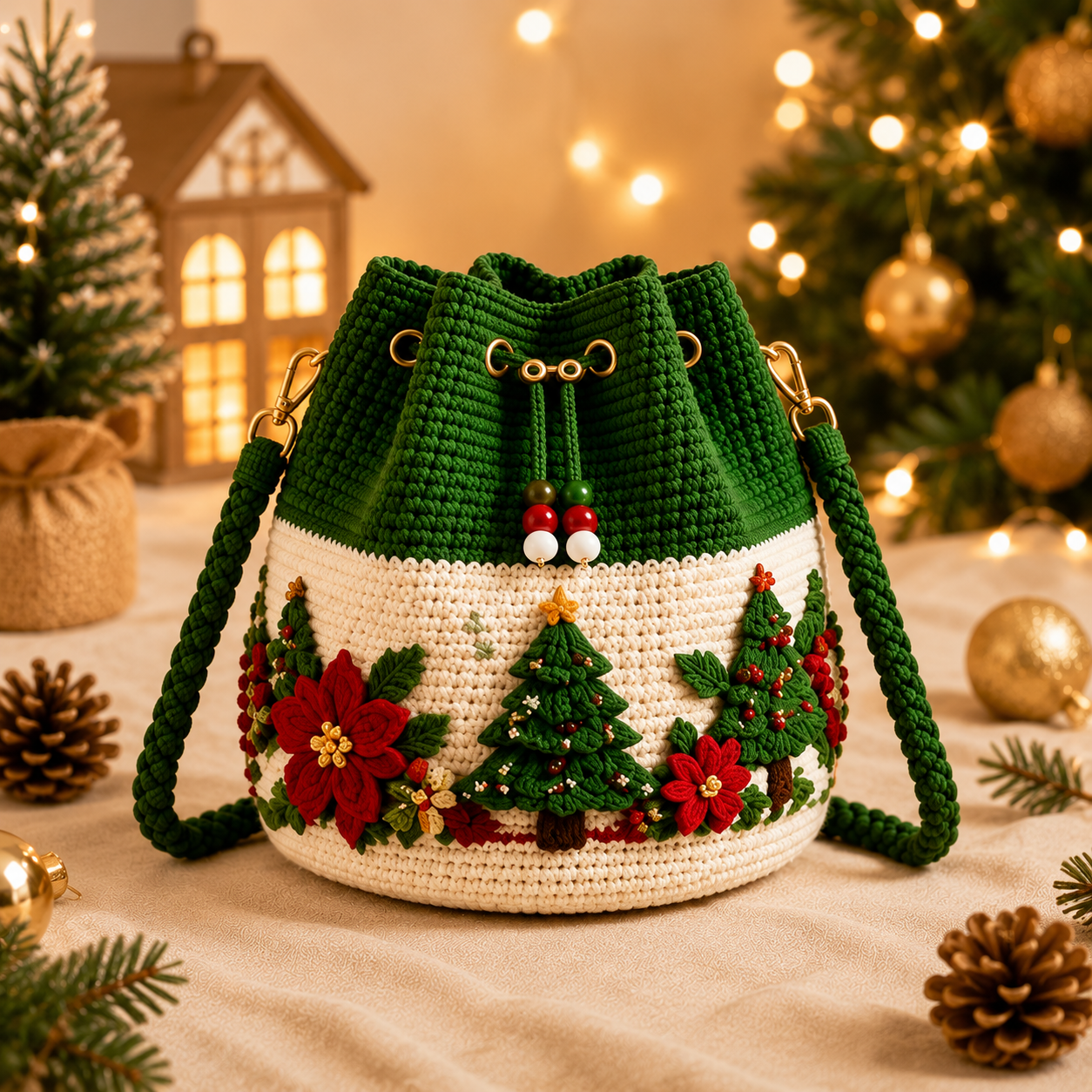 Green Christmas tree crochet bucket crossbody bag