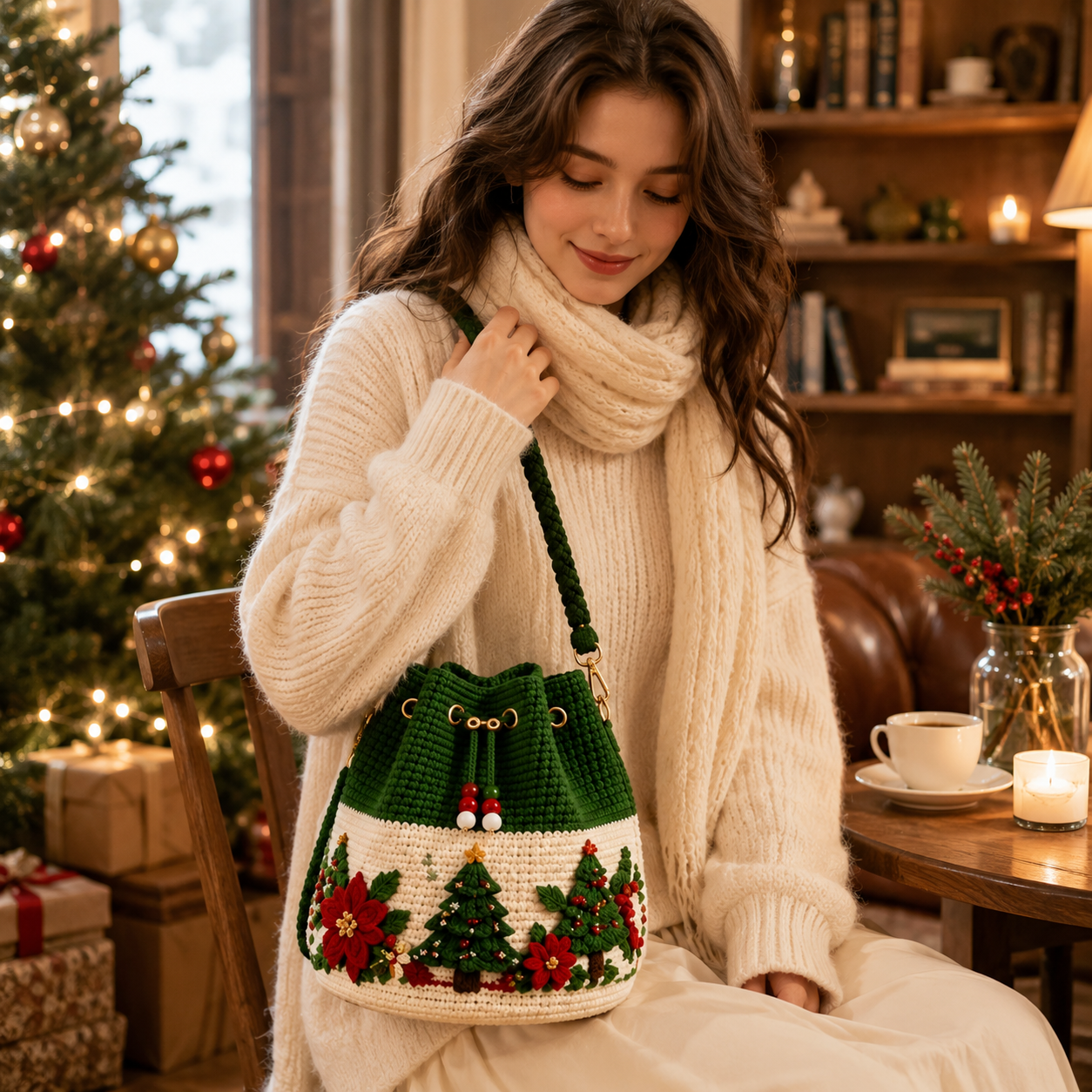 Christmas crochet bucket bag styled for a festive outfit
