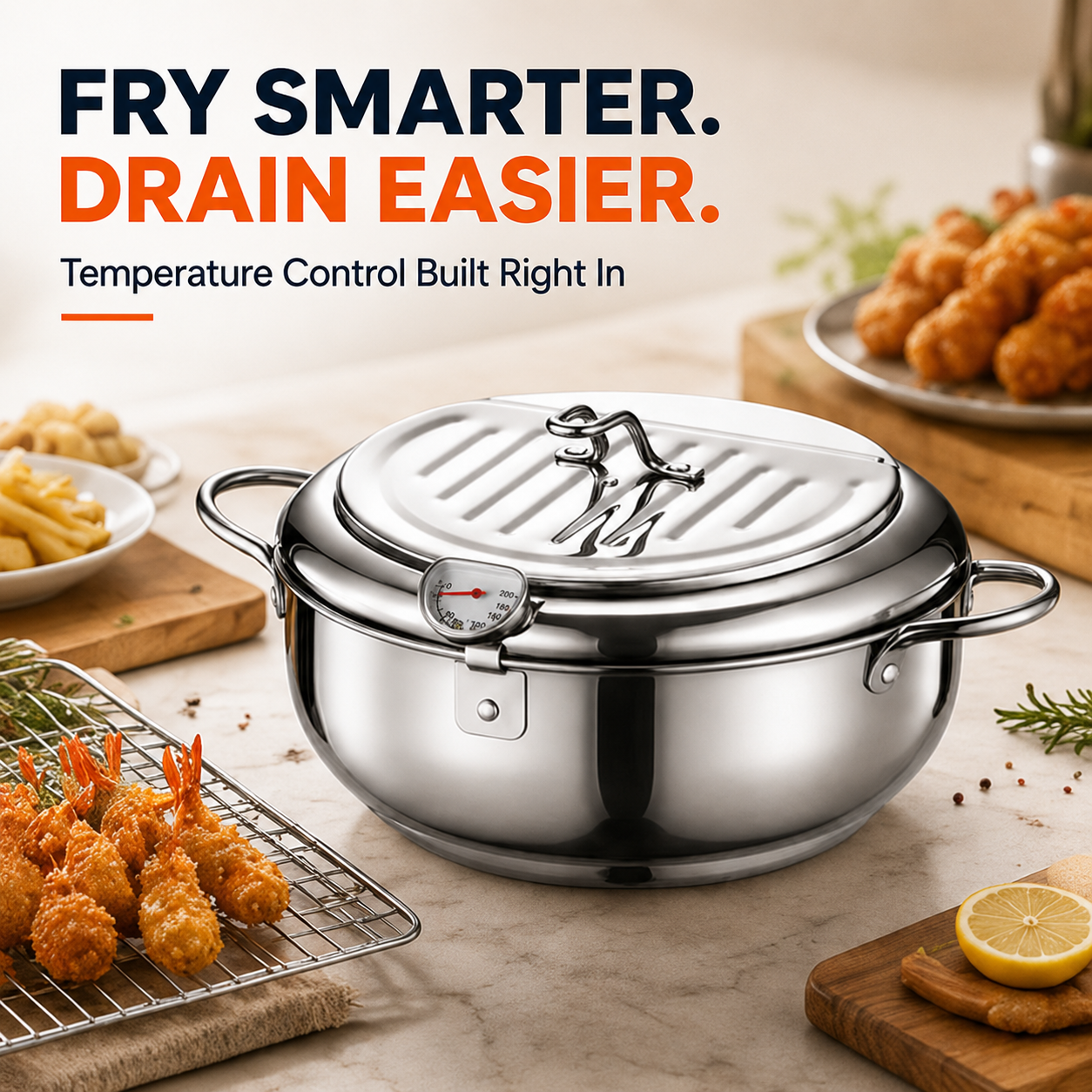 🍗 304 Stainless Steel Deep Fryer Pot | Thermometer + Drip Rack for Perfect Frying