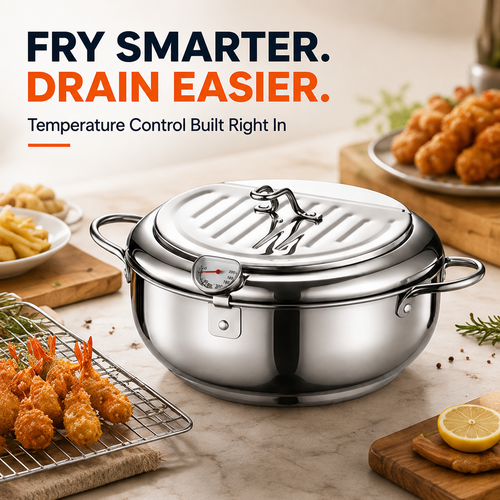 🍗 304 Stainless Steel Deep Fryer Pot | Thermometer + Drip Rack for Perfect Frying