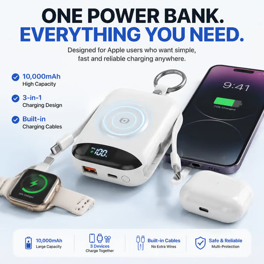 🔋10,000mAh 3-in-1 Magnetic Power Bank – Built-In Multi Charging Cables