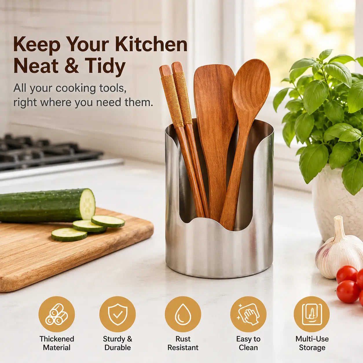1 Count, Thickened Stainless Steel Utensil Organizer, Rust Resistant Easy to Clean Multi-purpose Storage Holder for Kitchen Countertop