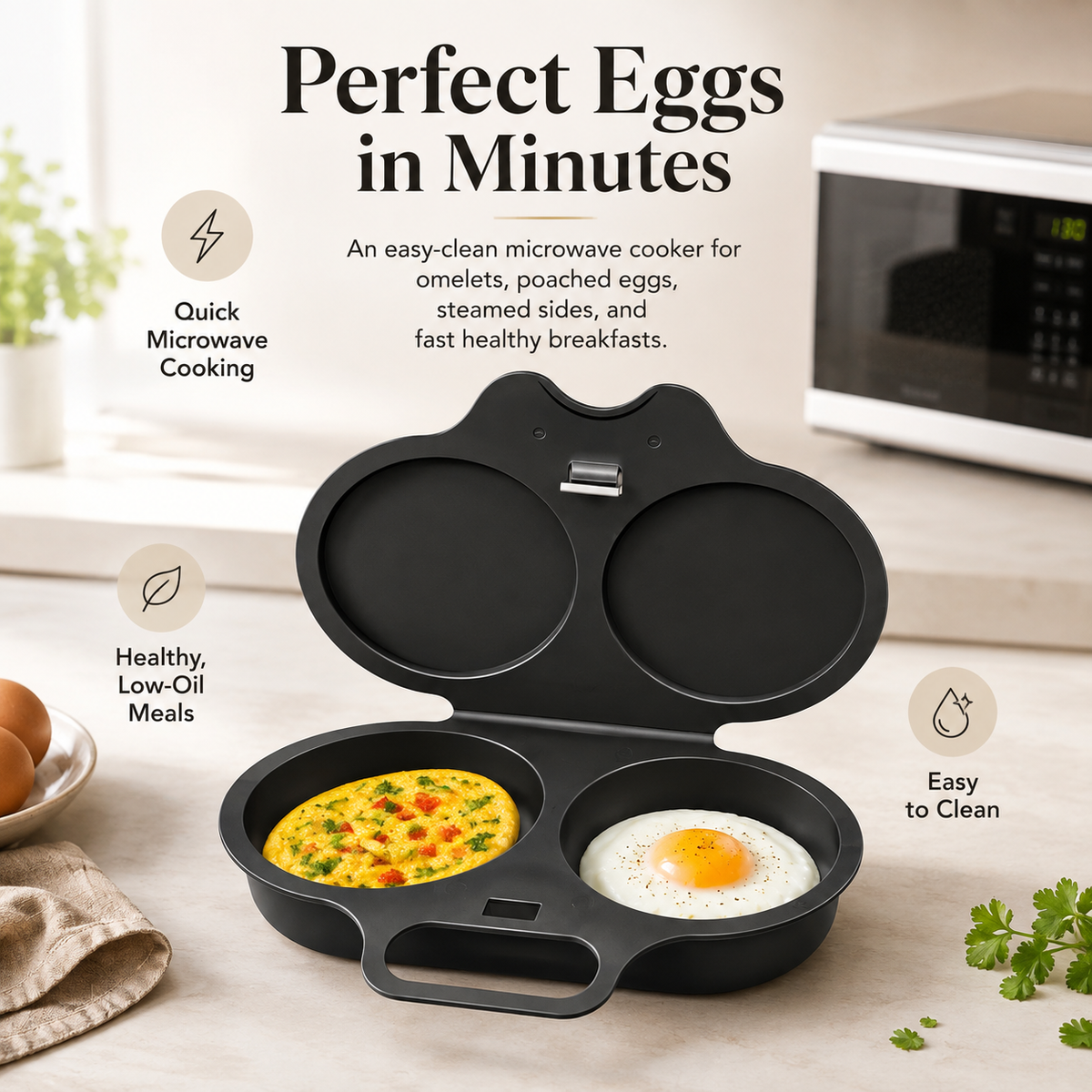 Easy Clean Microwave Omelette Maker, BPA-Free Food-Grade 2-Cup Round Egg Cooker & Poacher, Non-Stick Rapid Breakfast Egg Mold for Omelets, Poached Eggs & Breakfast Sandwiches, Dishwasher Safe