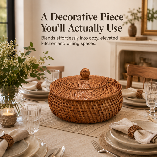 Woven tortilla basket with lid – Round covered bread & serving basket for tacos, flatbreads, rolls, brunch & dining table décor
