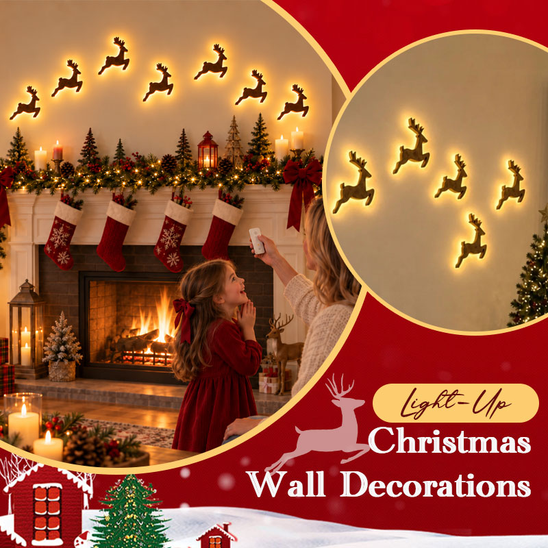 Seven illuminated reindeer Christmas wall decorations above a festive fireplace