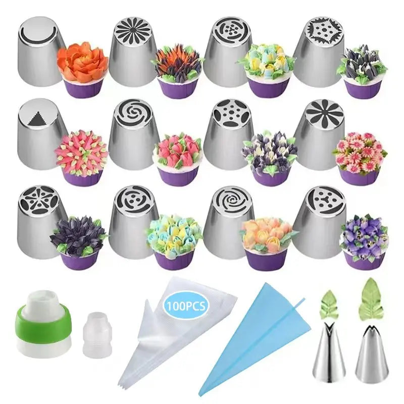 117 Pcs Russian Piping Tips Set, 12 Flower Frosting Nozzles Icing Tips for Cake Decorating Tips Kit, Baking Supplies for Cookie Cupcake, 2 Leaf Piping Tips 2 Couplers 100 Pastry Baking Bags and 1 reusable silicone bag