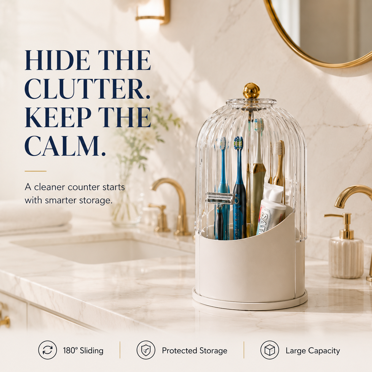 Modern Durable Toothbrush Holder with Cover - 360-Rotating Compact Transparent Door Lid Organizer for Vanity Bathroom Countertop Storage, 1 Count Rotating Box