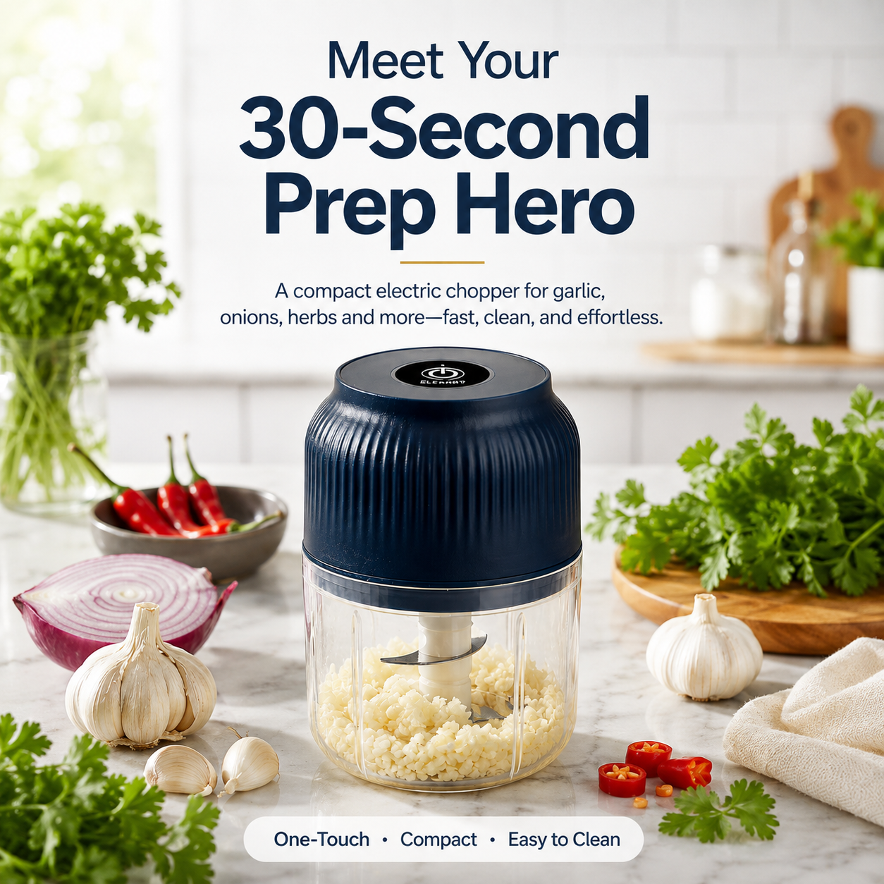Electric Garlic Chopper, 300ML Cordless Mini Food Processor & Portable Veggie Chopper with 4 Sharp Stainless Steel Blades, One-Touch Garlic Grinder Masher for Ginger, Chili, Onion, Meat, Baby Food & Spices