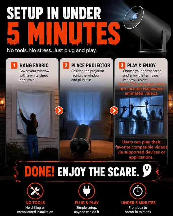 Scary Decorations Halloween Window Projector，White：With Effect fabric | Projects Animated Horror Window Scenes with Easy Setup, 210° Rotation, Built-In Speaker, And Auto Keystone Correction
